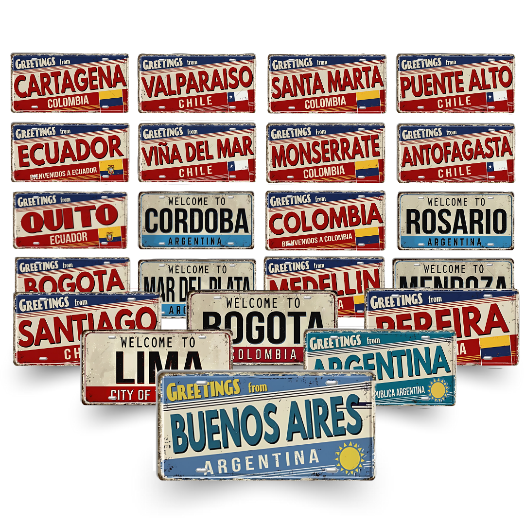 Collection of vintage-style license plate tin signs with city names and national flags on a white background.