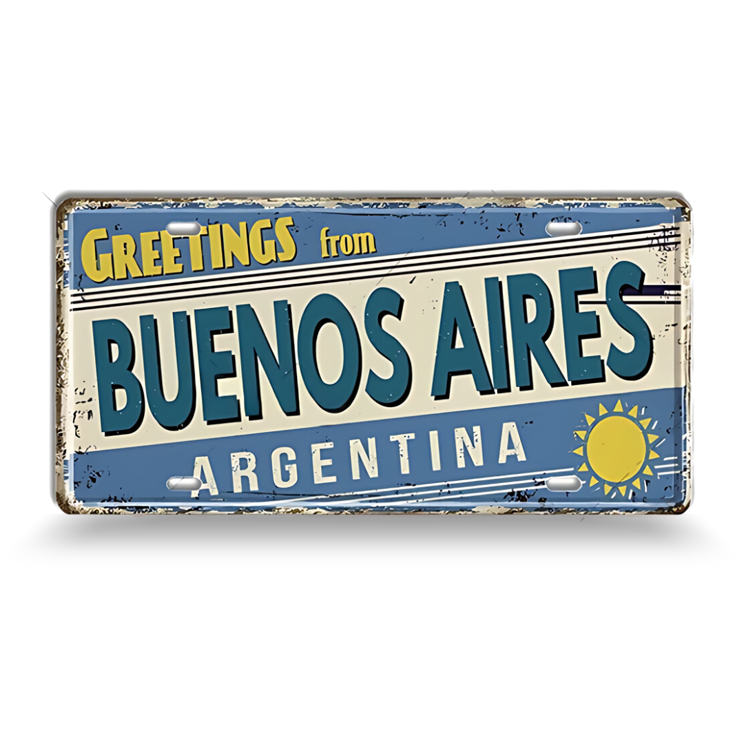 Vintage-style sign with 'Greetings from Buenos Aires, Argentina' text on a blue and beige background.