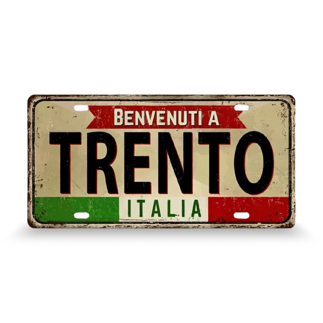 Decorative sign with 'Benvenuti a Trento Italia' text on a white background • Papagaio Studio Art Shop