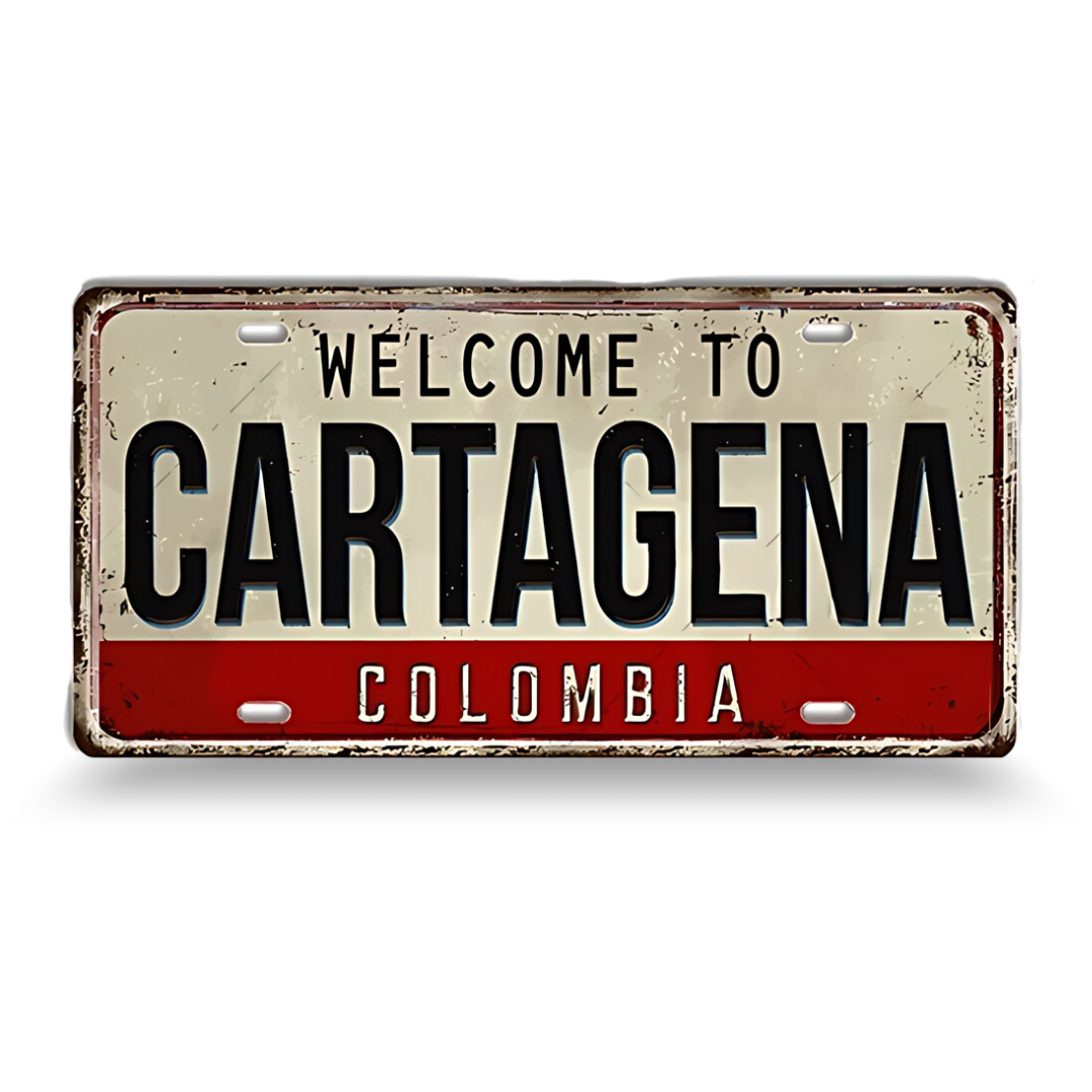 Vintage-style sign with 'Welcome to Cartagena, Colombia' text on a white background