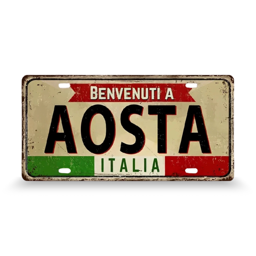 Decorative sign with 'Benvenuti a Aosta Italia' text on a beige background • Papagaio Studio Art Shop