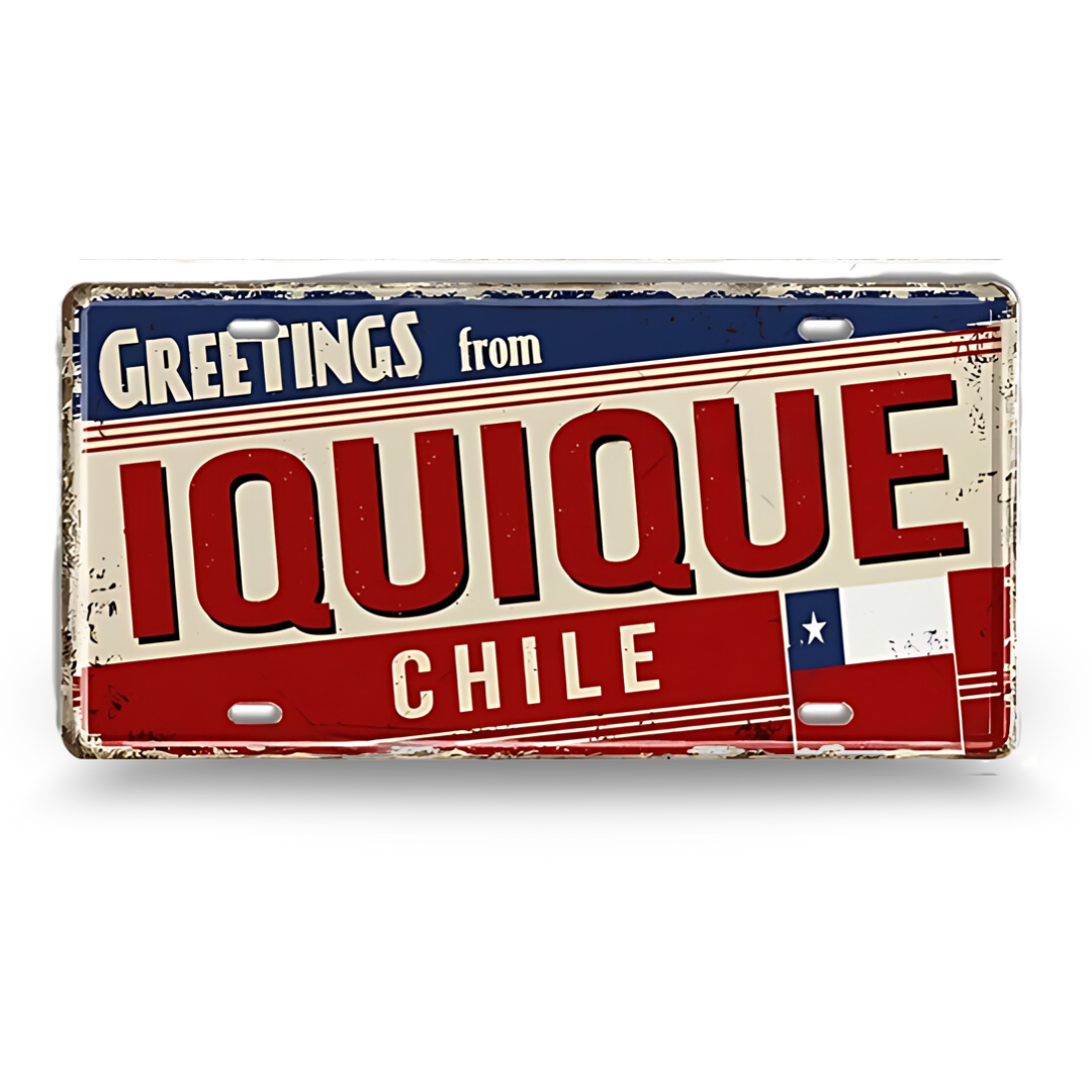 Decorative license plate with 'Greetings from Iquique Chile' text and flag design.
