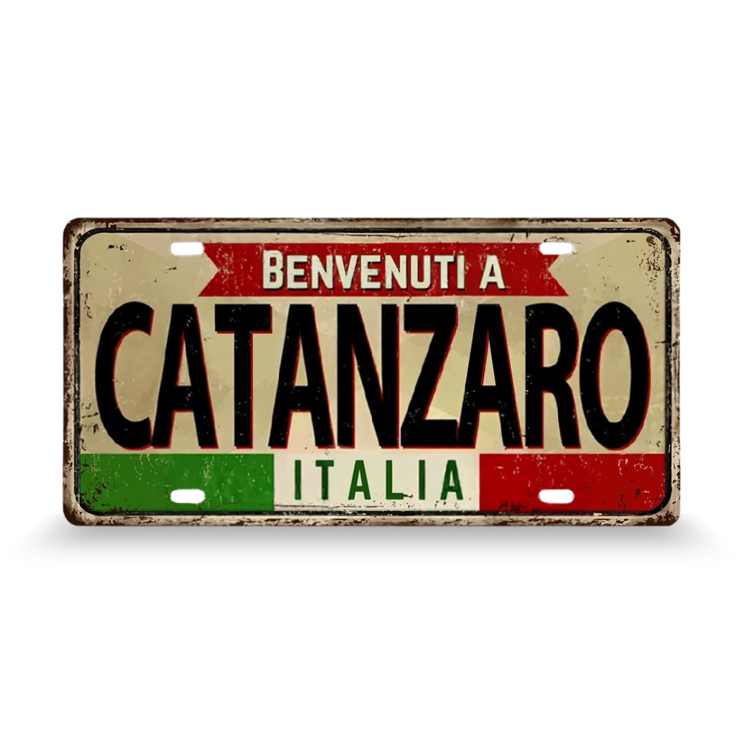 Decorative license plate with 'Benvenuti a Catanzaro Italia' text on a white background • Papagaio Studio Art Shop