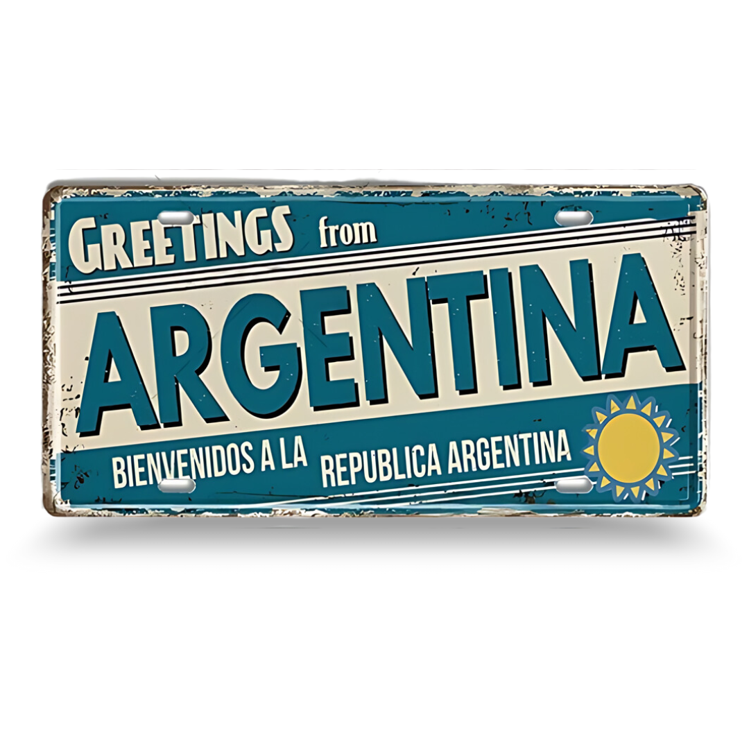 Vintage-style sign with 'Greetings from Argentina' text on a white background