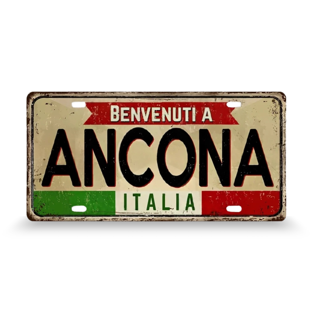 Decorative license plate with 'Benvenuti a Ancona Italia' text on a white background • Papagaio Studio Art Shop