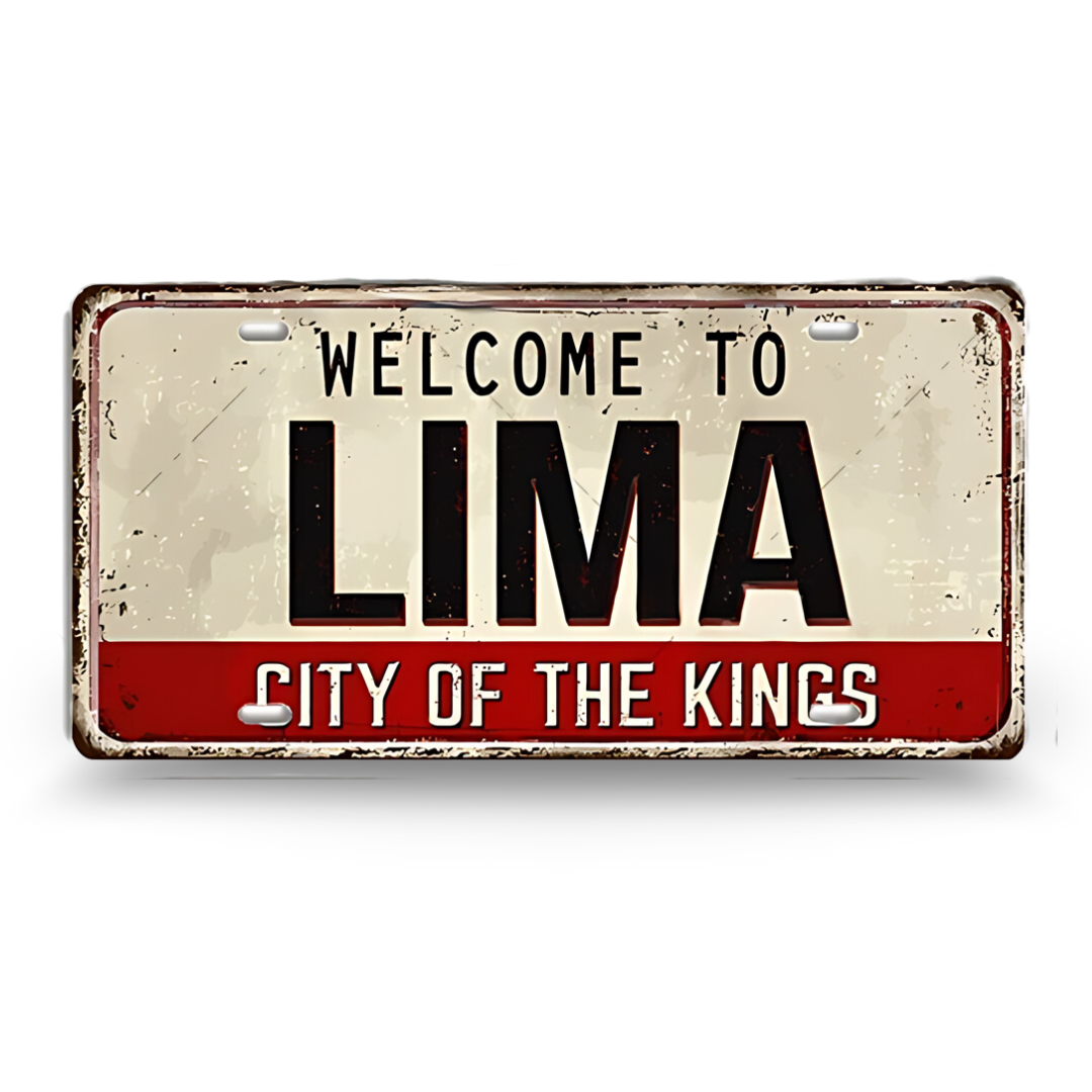 Vintage-style sign with 'Welcome to Lima, City of the Kings' text on a white background