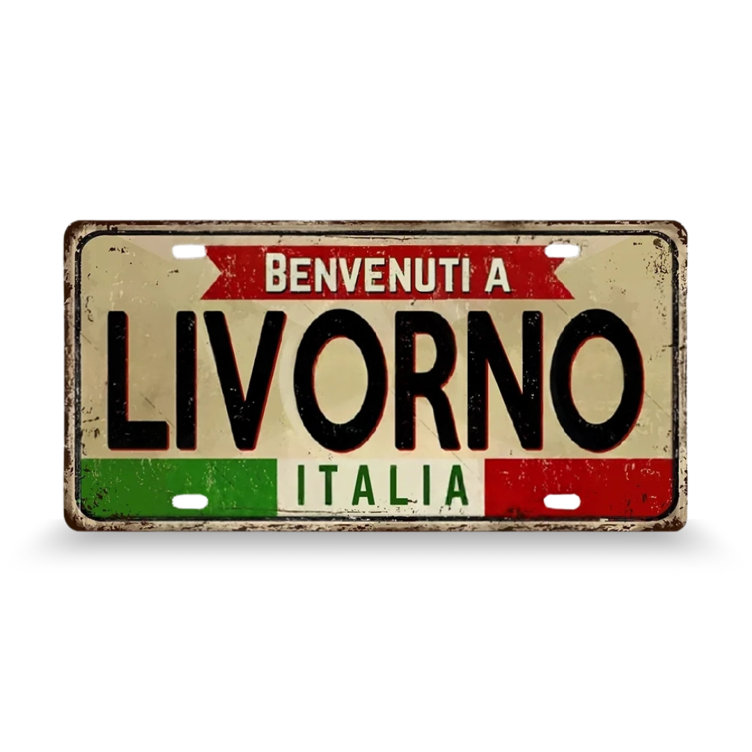 Vintage-style sign with 'Benvenuti a Livorno Italia' text on a white background • Papagaio Studio Art Shop