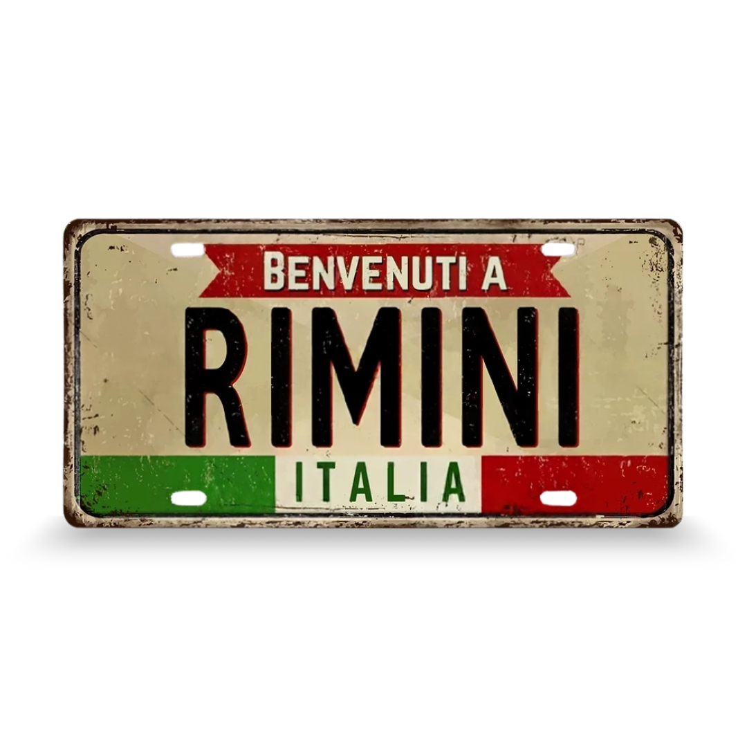 Decorative sign with 'Benvenuti a Rimini Italia' text on a beige background • Papagaio Studio Art Shop