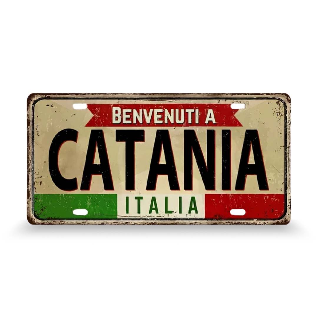 Decorative sign with 'Benvenuti a Catania Italia' text on a white background • Papagaio Studio Art Shop