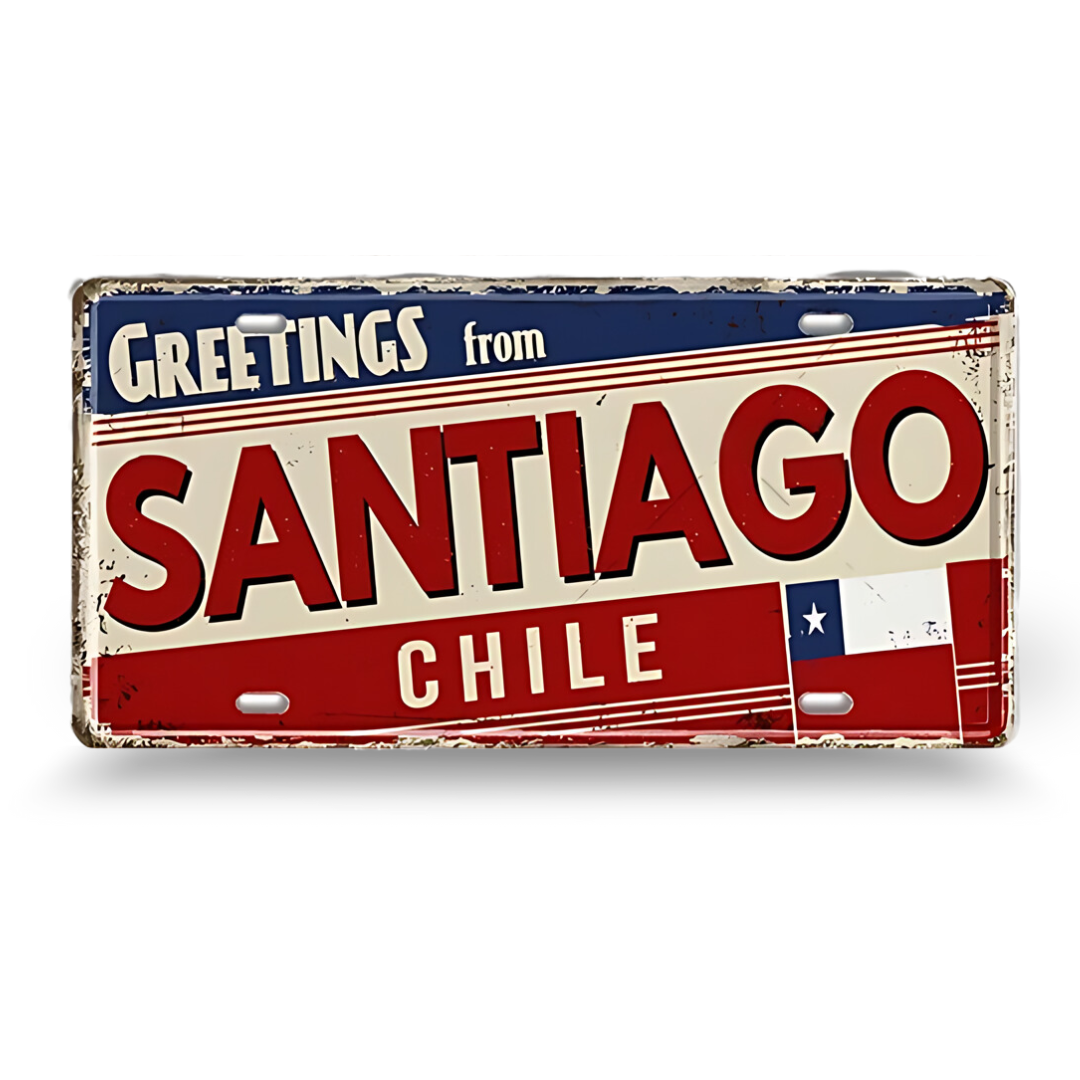 Vintage-style sign with 'Greetings from Santiago Chile' text and Chilean flag design.