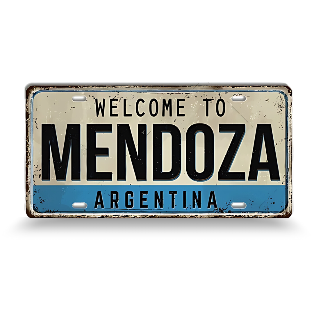 Decorative license plate with 'Welcome to Mendoza, Argentina' text on a white background