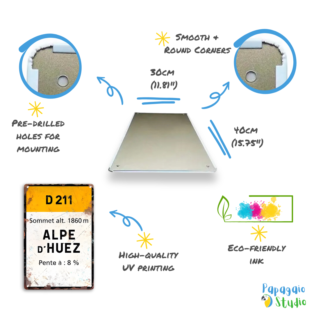Metal sign with specifications and features on a white background