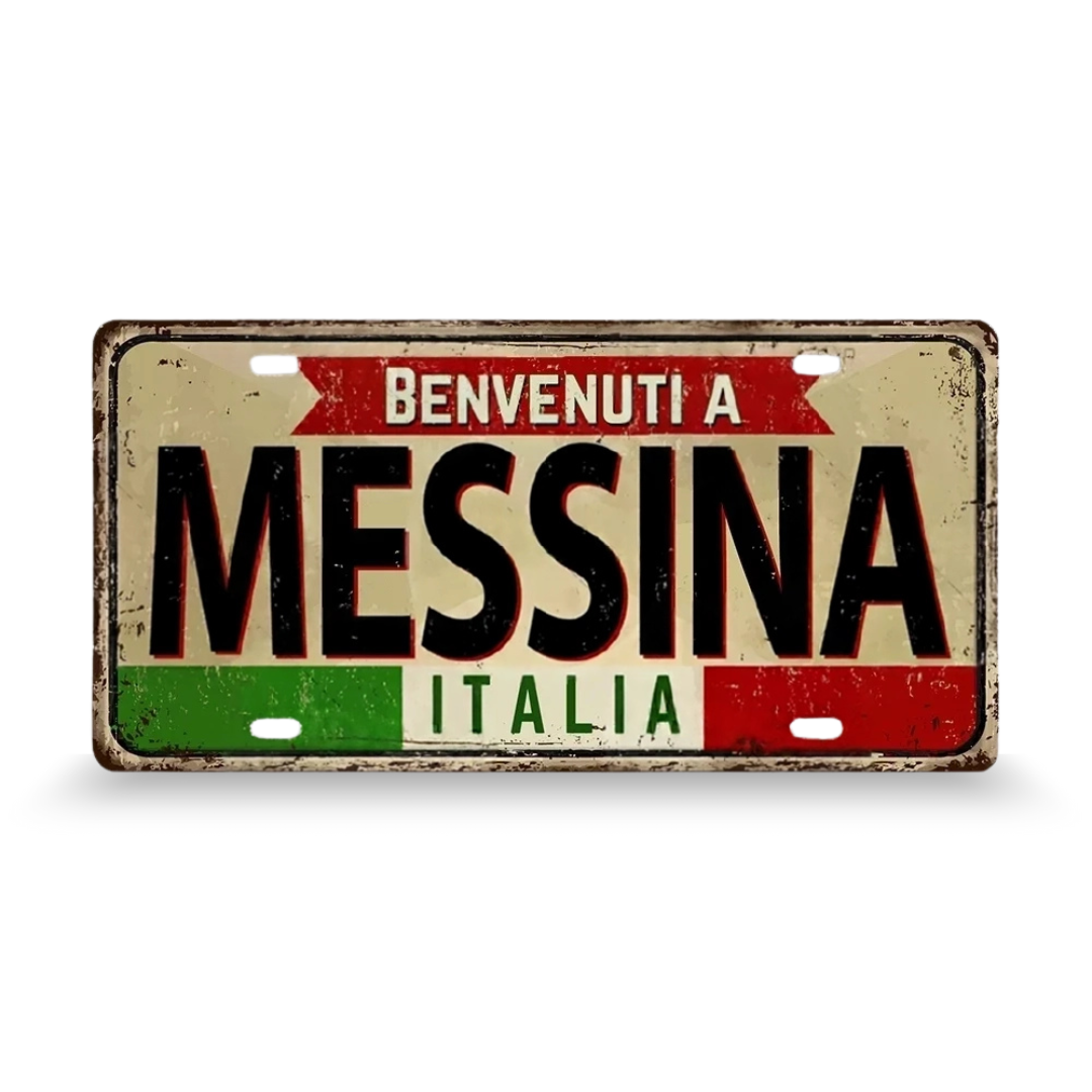 Decorative sign with 'Benvenuti a Messina Italia' text on a white background • Papagaio Studio Art Shop