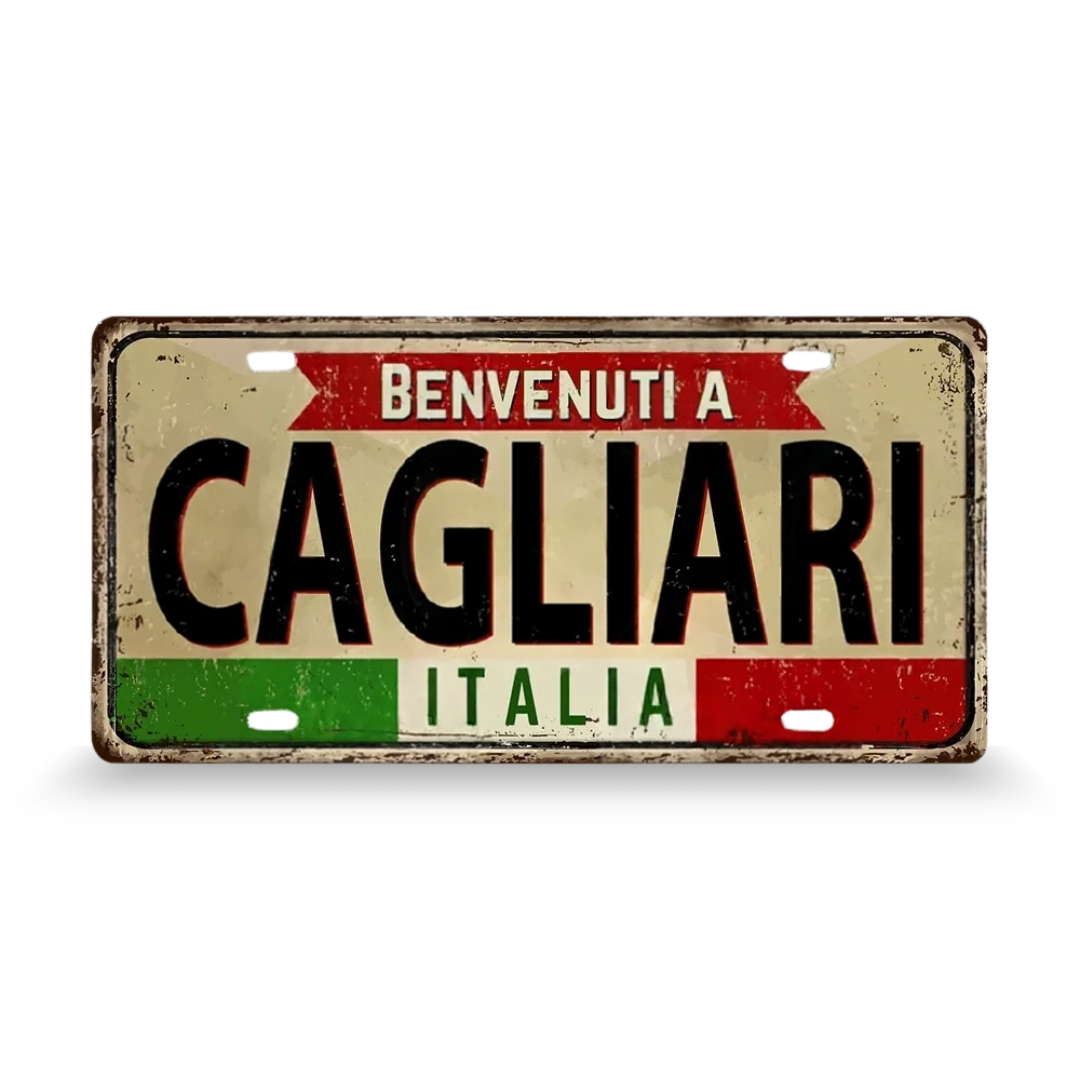 Vintage-style license plate with 'Benvenuti a Cagliari Italia' text on a white background • Papagaio Studio Art Shop
