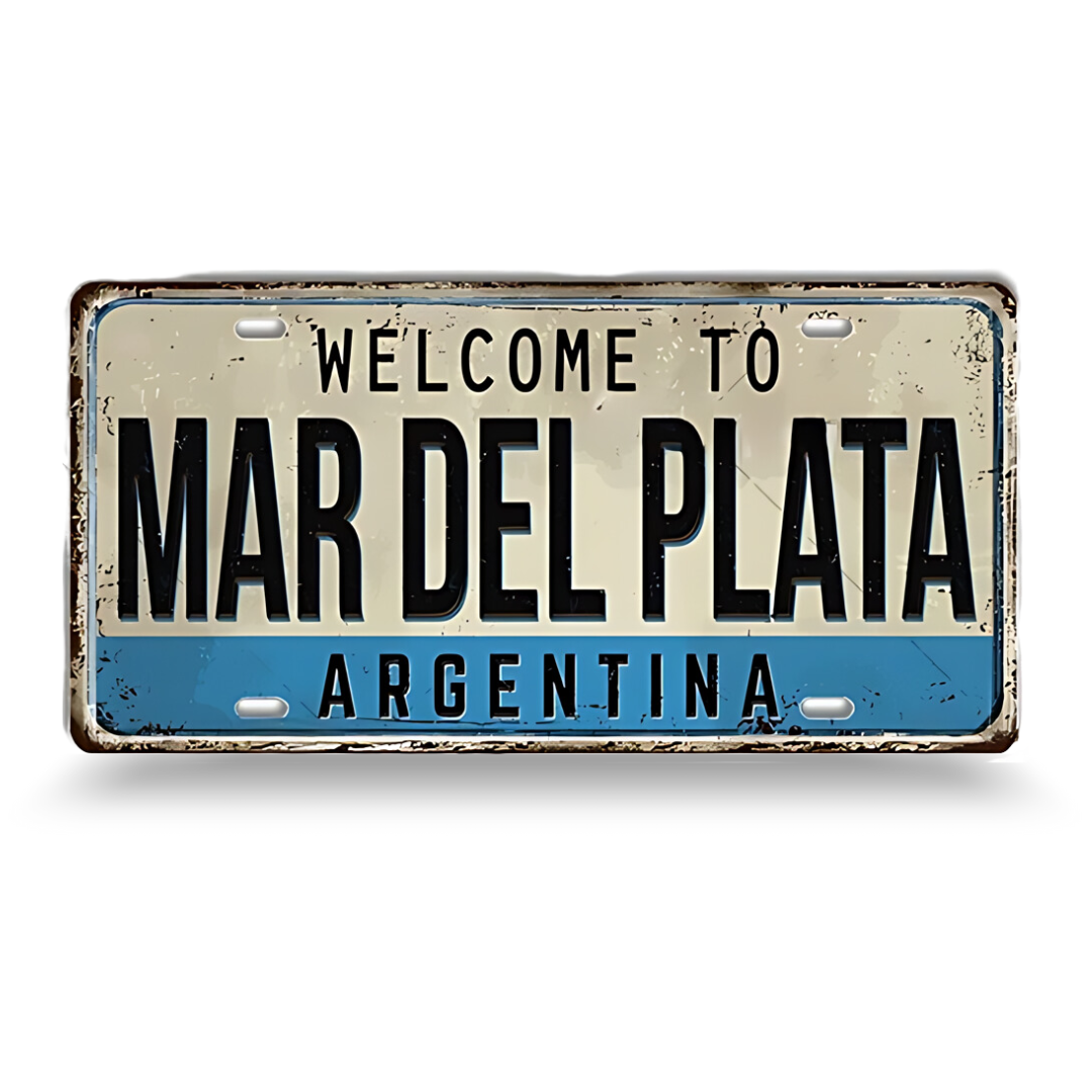 Decorative sign with 'Welcome to Mar Del Plata, Argentina' text on a white background