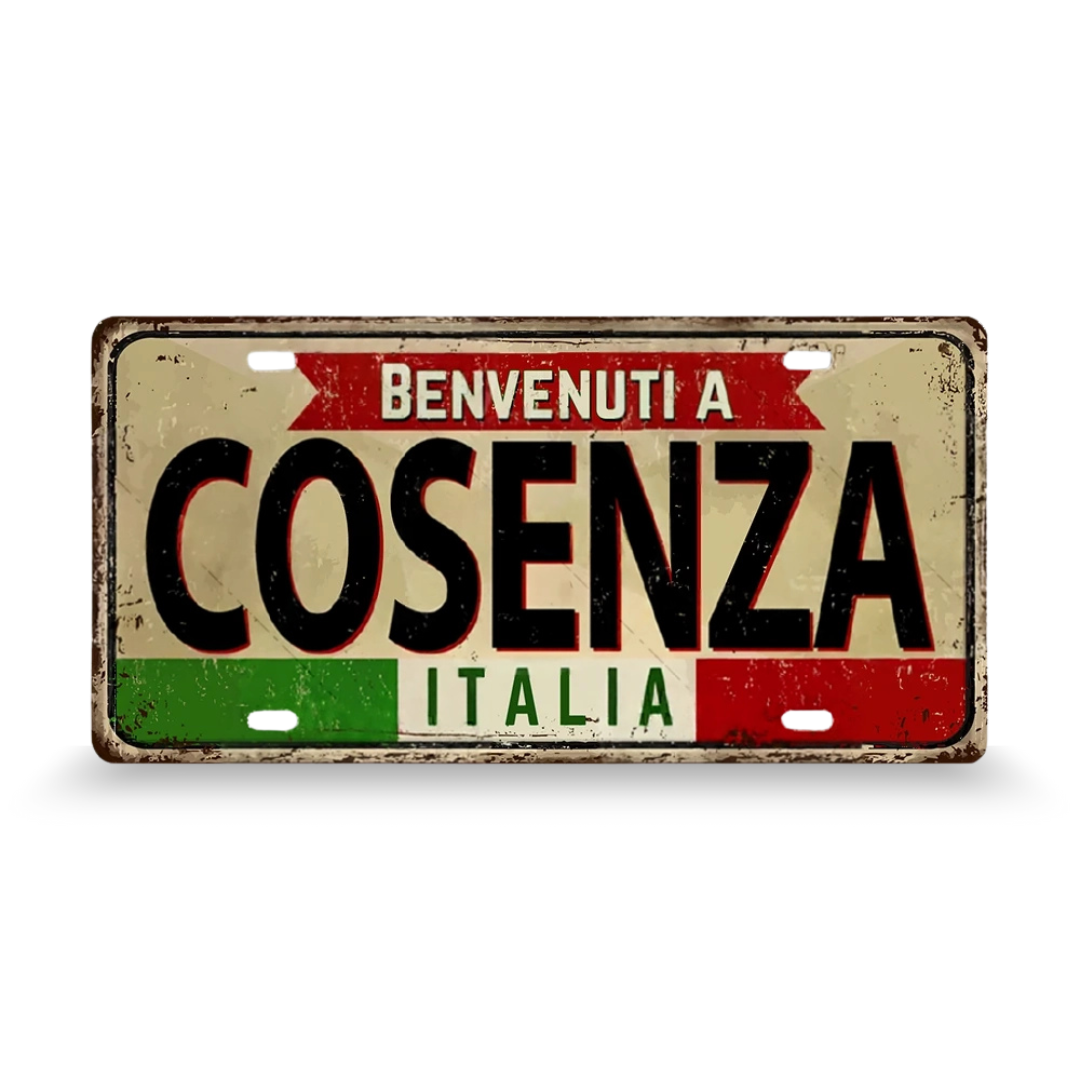 Decorative sign with 'Benvenuti a Cosenza Italia' text on a white background • Papagaio Studio Art Shop
