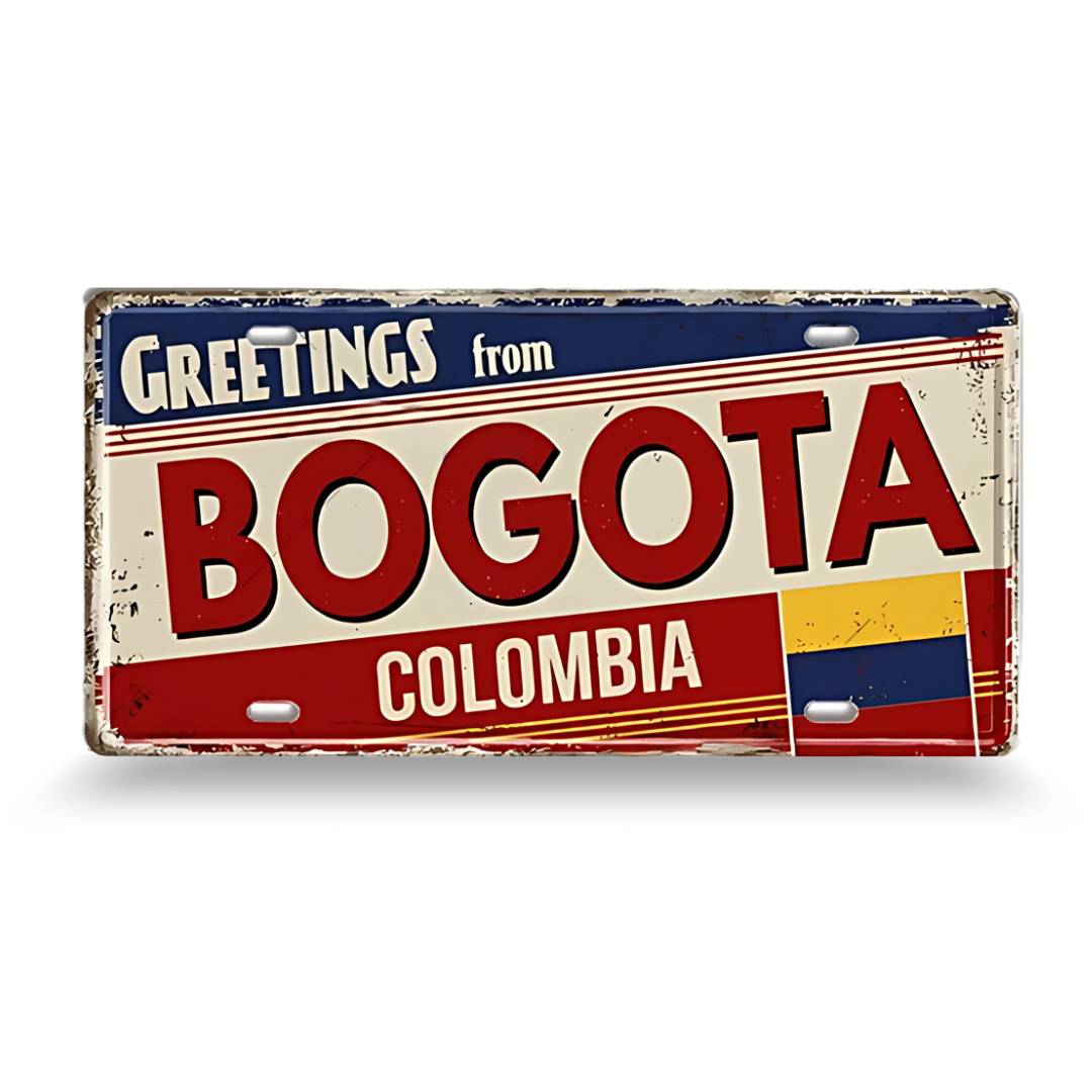 Vintage-style sign with 'Greetings from Bogota, Colombia' text on a white background