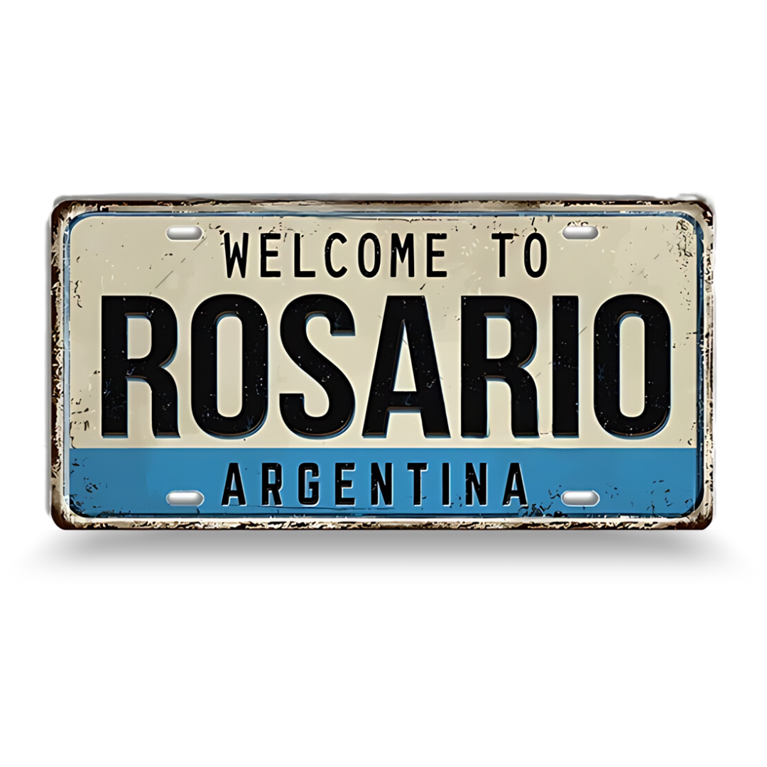 Decorative sign with 'Welcome to Rosario, Argentina' text on a white background