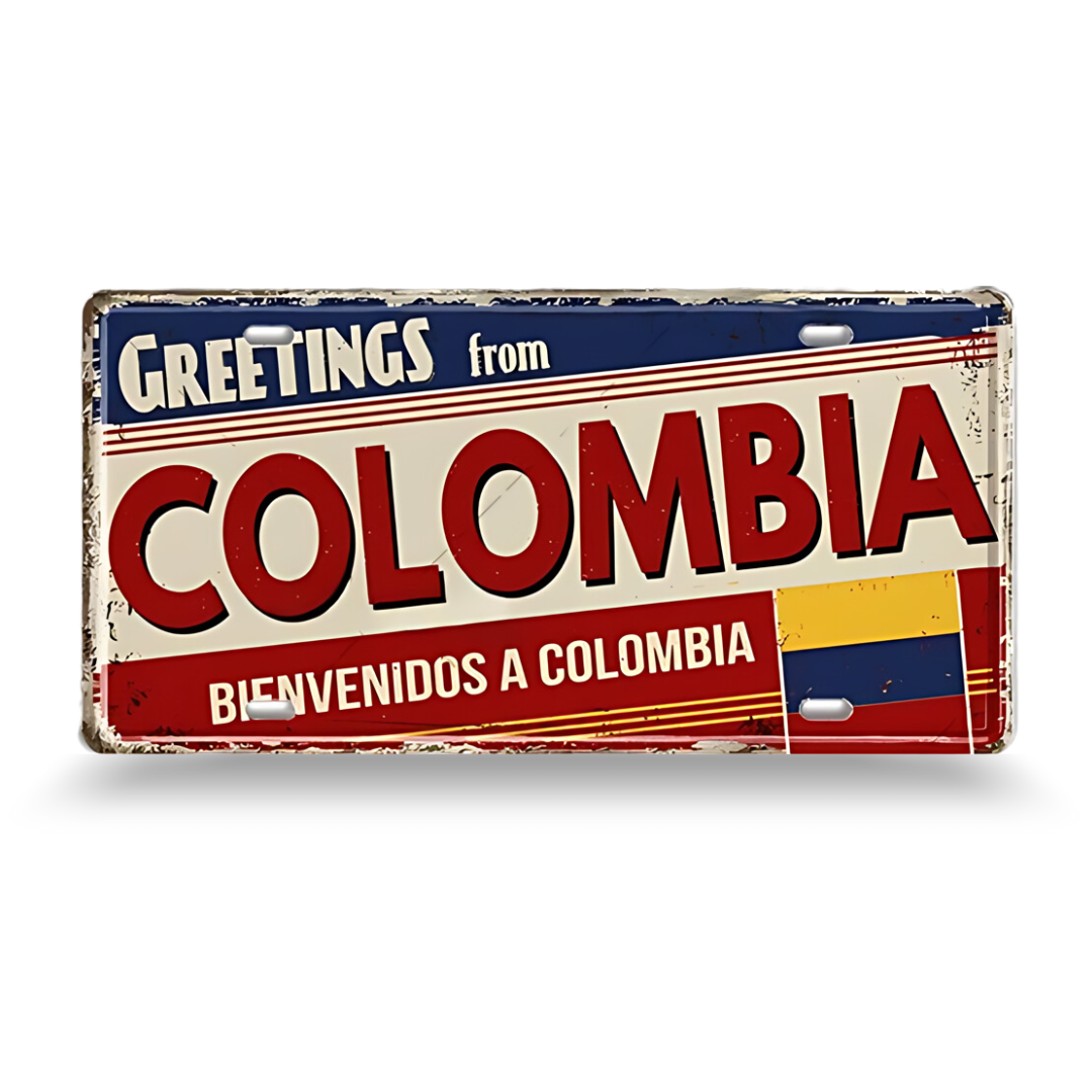 Vintage-style sign with 'Greetings from Colombia' text and flag design on a white background