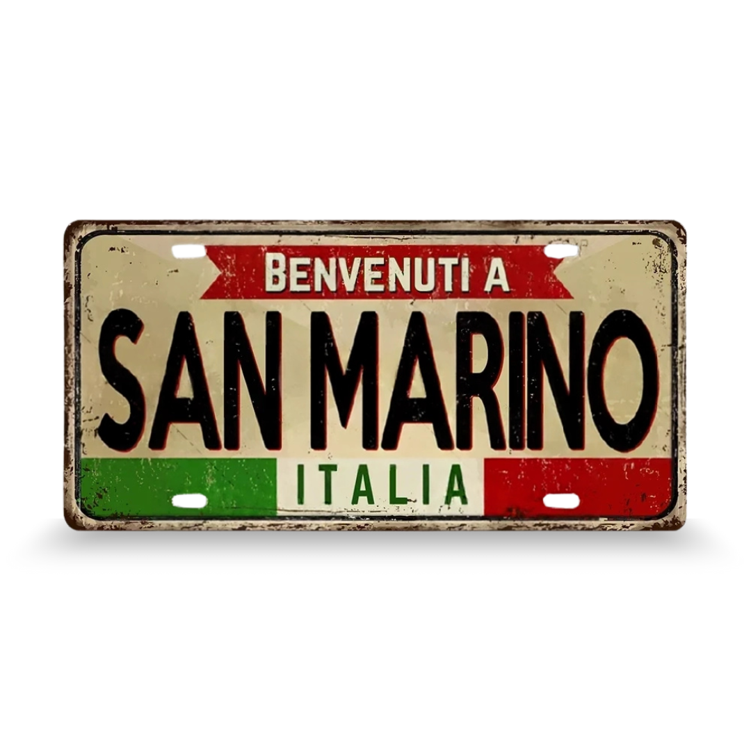 Decorative sign with 'Benvenuti a San Marino Italia' text on a beige background • Papagaio Studio Art Shop