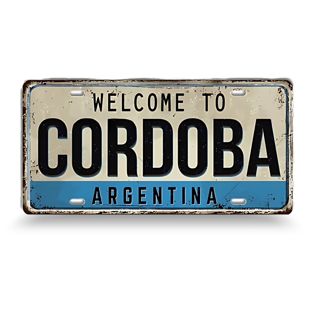 Decorative sign with 'Welcome to Cordoba, Argentina' text on a white background