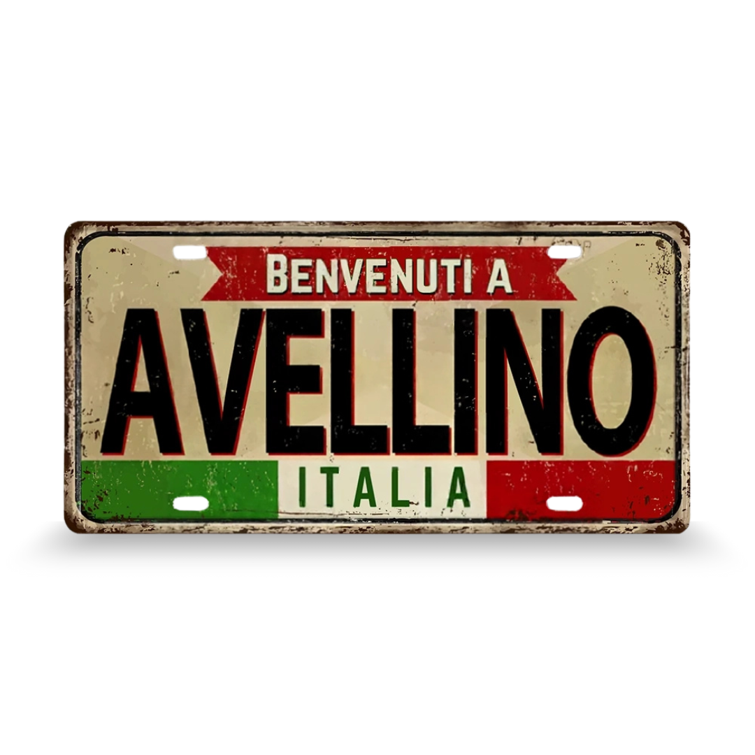 Vintage-style sign with 'Benvenuti a Avellino Italia' text on a beige background • Papagaio Studio Art Shop