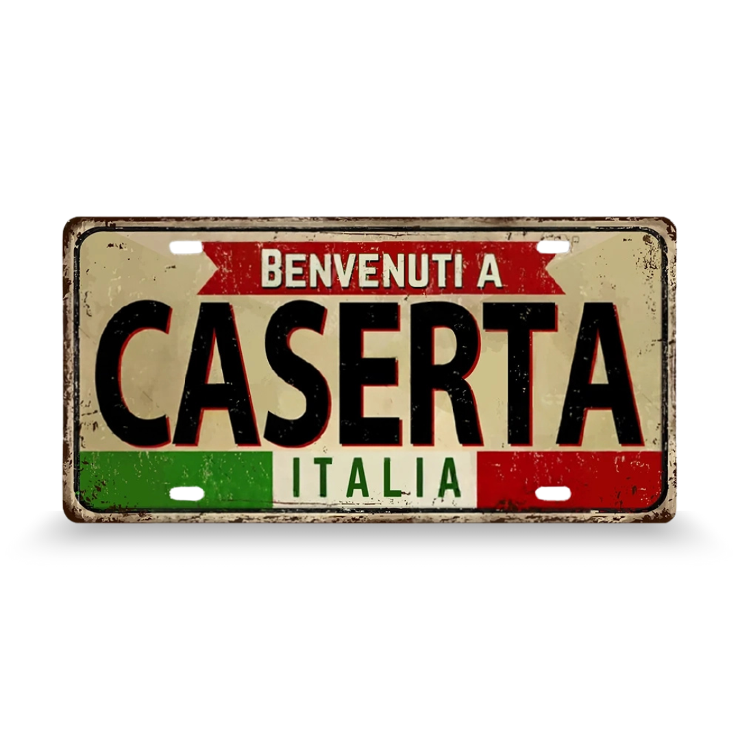 Decorative sign with 'Benvenuti a Caserta Italia' text on a white background • Papagaio Studio Art Shop