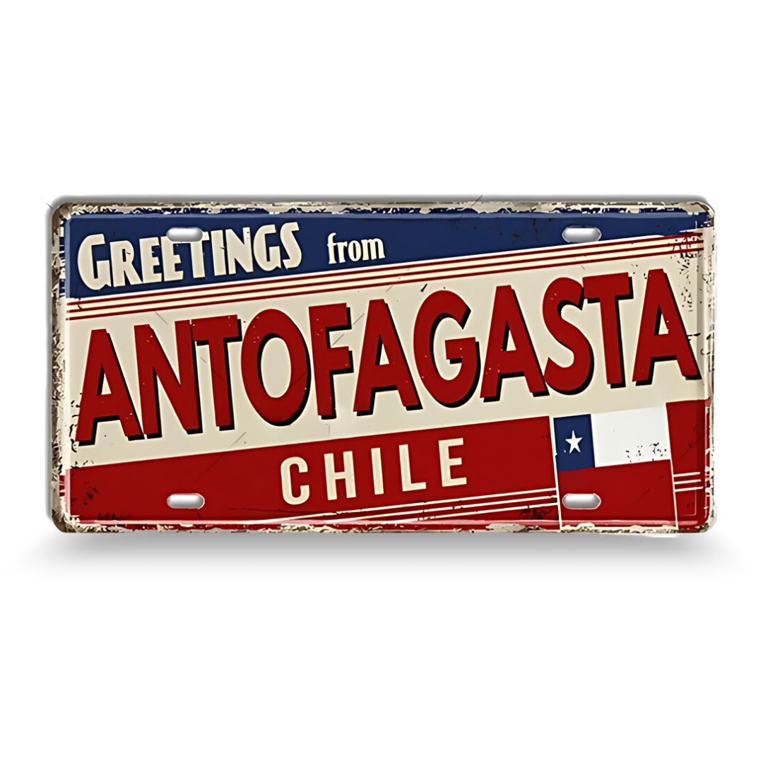 Vintage-style sign with 'Greetings from Antofagasta, Chile' text on a white background