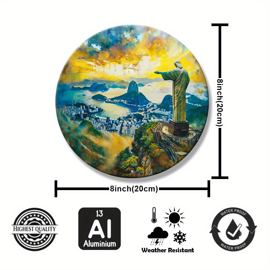 Christ The Redeemer Round Metal Print • Sunset Over Rio De Janeiro Tin Sign • Brazil Wall Art Decor Gift For Brazilian • Papagaio Studio Decor Shop