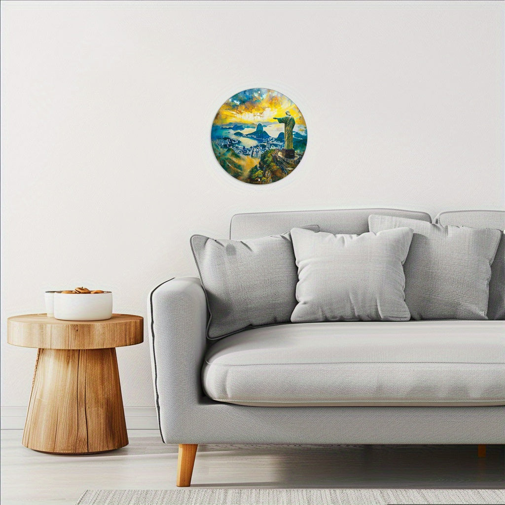 Christ The Redeemer Round Metal Print • Sunset Over Rio De Janeiro Tin Sign • Brazil Wall Art Decor Gift For Brazilian • Papagaio Studio Decor Shop