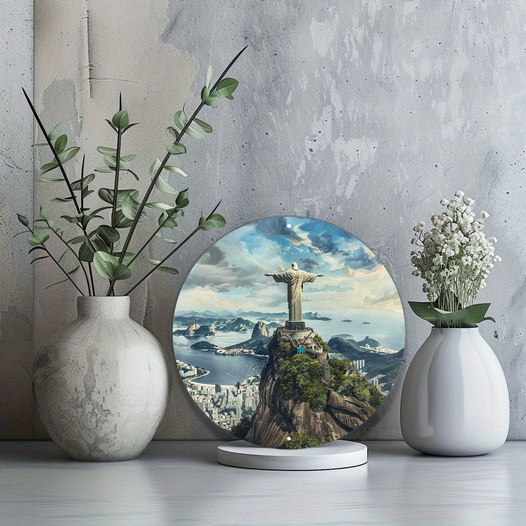 Christ The Redeemer Round Metal Print • Cityscape Wonder Rio De Janeiro Tin Sign • Brazil Wall Art Decor Gift For Brazilian • Papagaio Studio Decor Shop