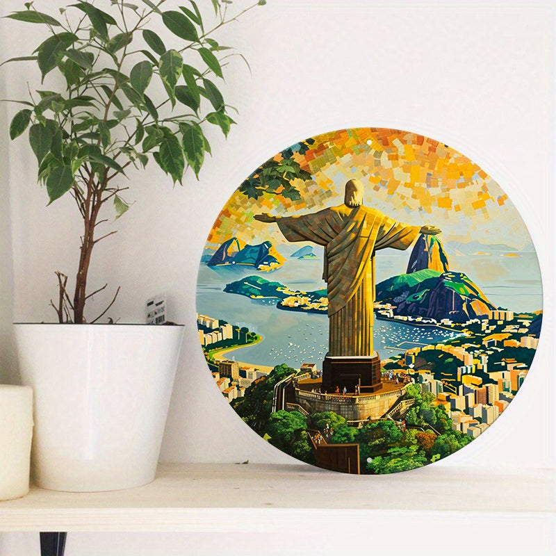Christ The Redeemer Round Metal Print • Morning Glory Rio De Janeiro Tin Sign • Brazil Wall Art Decor Gift For Brazilian • Papagaio Studio Decor Shop