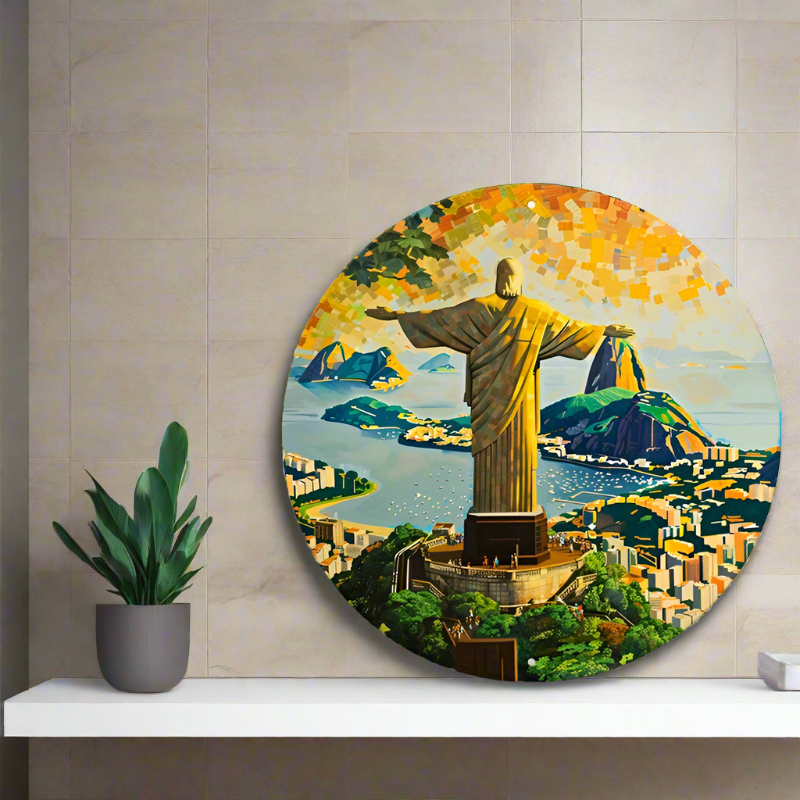 Christ The Redeemer Round Metal Print • Morning Glory Rio De Janeiro Tin Sign • Brazil Wall Art Decor Gift For Brazilian • Papagaio Studio Decor Shop