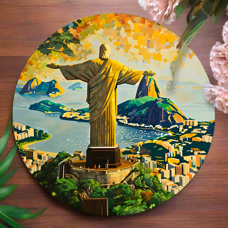 Christ The Redeemer Round Metal Print • Morning Glory Rio De Janeiro Tin Sign • Brazil Wall Art Decor Gift For Brazilian • Papagaio Studio Decor Shop