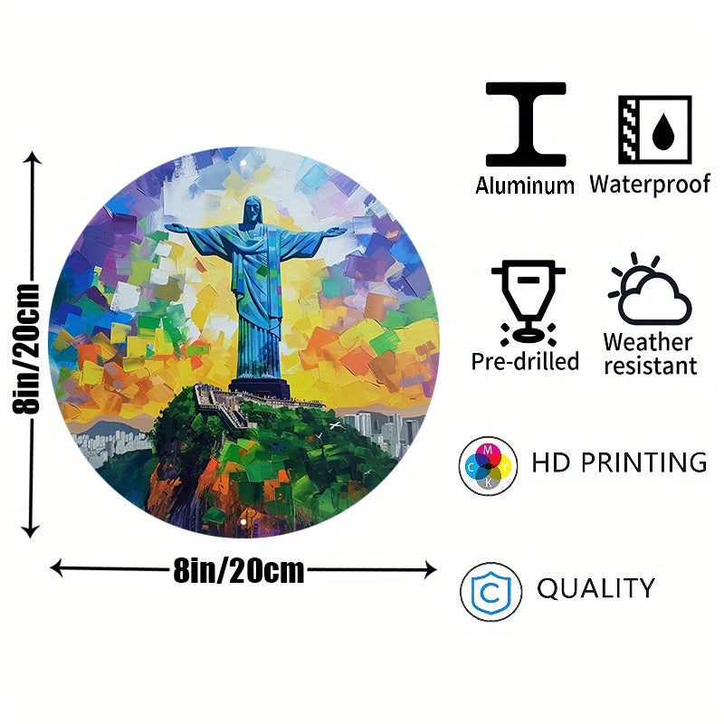 Christ The Redeemer Round Metal Print • Tropical Vibrance Rio De Janeiro Tin Sign • Brazil Wall Art Decor Gift For Brazilian • Papagaio Studio Shop