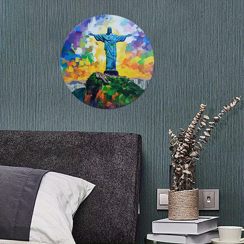 Christ The Redeemer Round Metal Print • Tropical Vibrance Rio De Janeiro Tin Sign • Brazil Wall Art Decor Gift For Brazilian • Papagaio Studio Shop