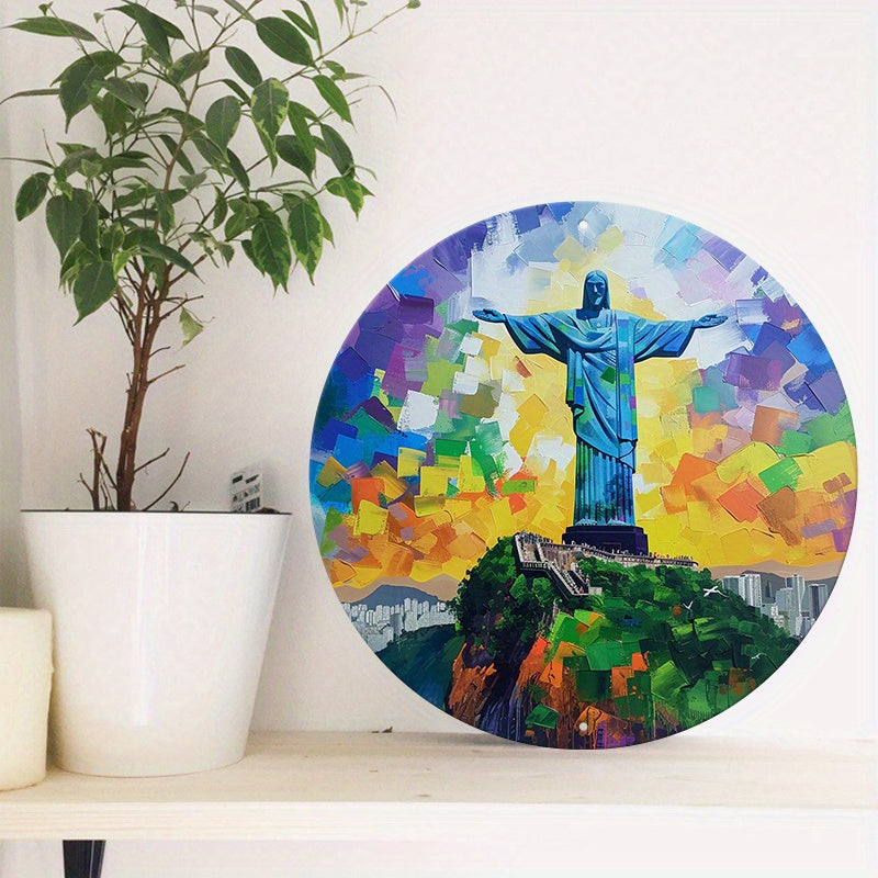 Christ The Redeemer Round Metal Print • Tropical Vibrance Rio De Janeiro Tin Sign • Brazil Wall Art Decor Gift For Brazilian • Papagaio Studio Shop