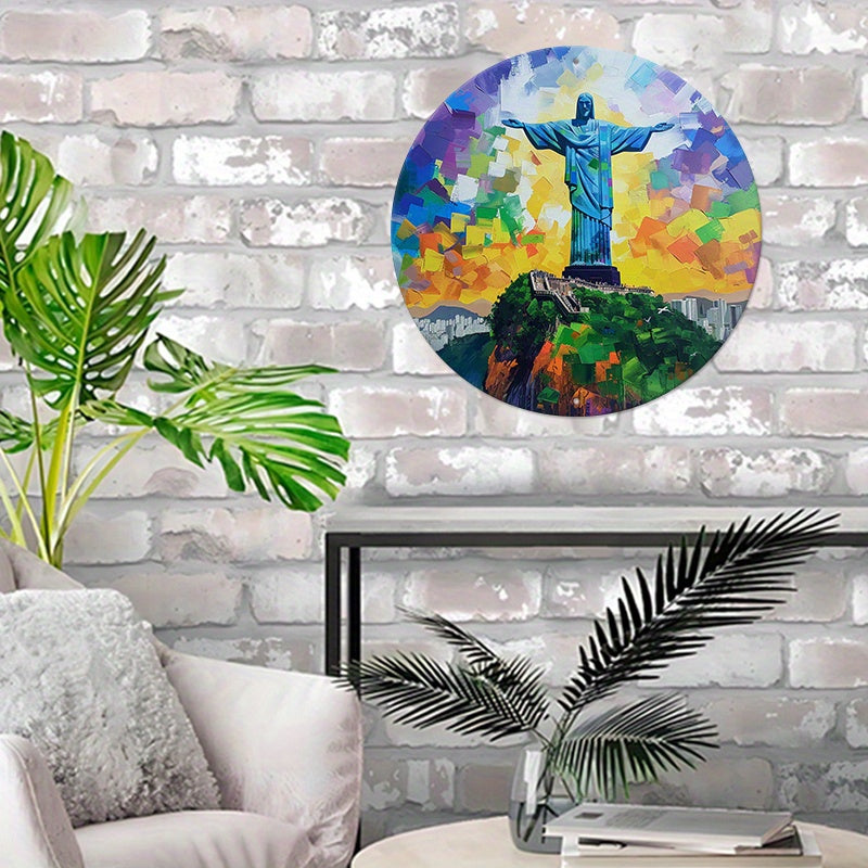 Christ The Redeemer Round Metal Print • Tropical Vibrance Rio De Janeiro Tin Sign • Brazil Wall Art Decor Gift For Brazilian • Papagaio Studio Shop
