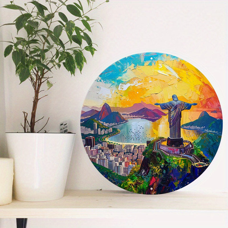 Christ The Redeemer Round Metal Print • Golden Hour Rio De Janeiro Tin Sign • Brazil Wall Art Decor Gift For Brazilian • Papagaio Studio Decor Shop