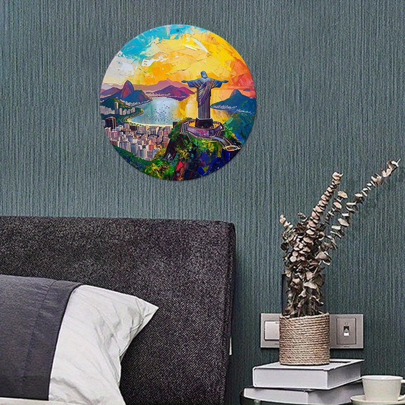 Christ The Redeemer Round Metal Print • Golden Hour Rio De Janeiro Tin Sign • Brazil Wall Art Decor Gift For Brazilian • Papagaio Studio Decor Shop