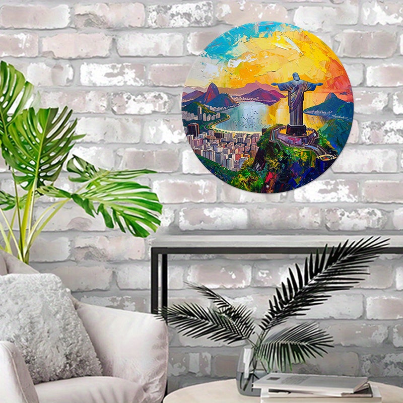 Christ The Redeemer Round Metal Print • Golden Hour Rio De Janeiro Tin Sign • Brazil Wall Art Decor Gift For Brazilian • Papagaio Studio Decor Shop