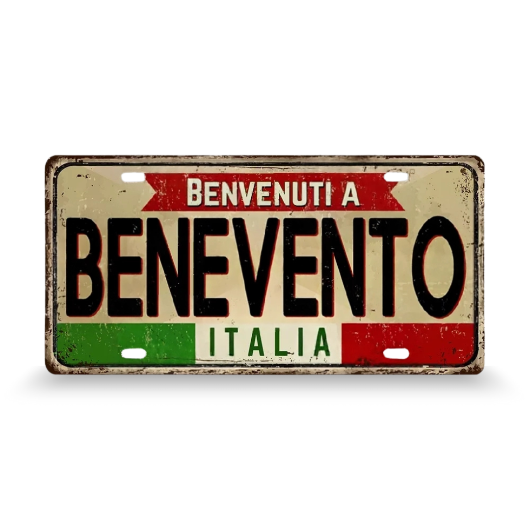 Decorative sign with 'Benvenuti a Benevento Italia' text on a white background • Papagaio Studio Art Shop