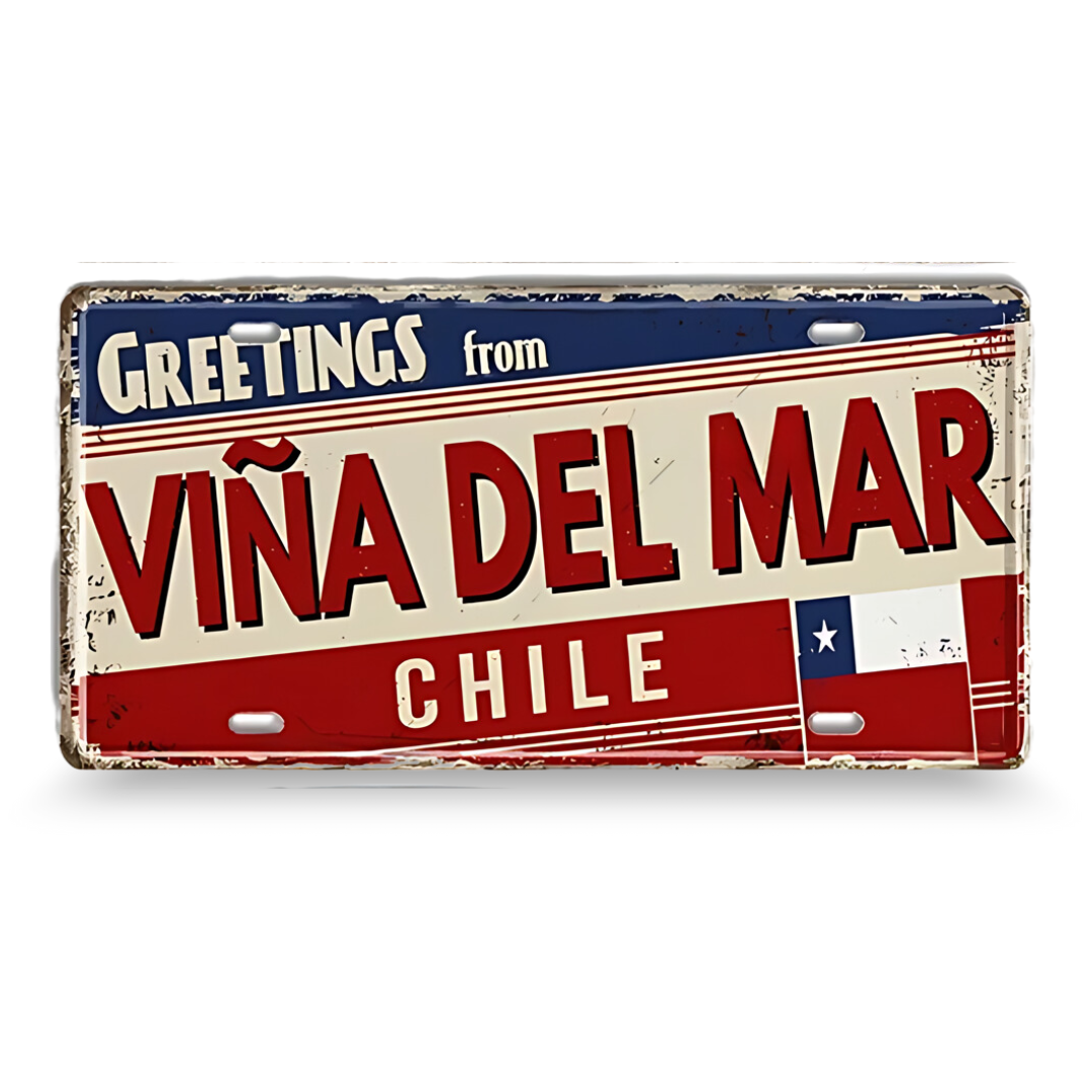 Vintage-style sign with 'Greetings from Viña Del Mar Chile' text on a white background