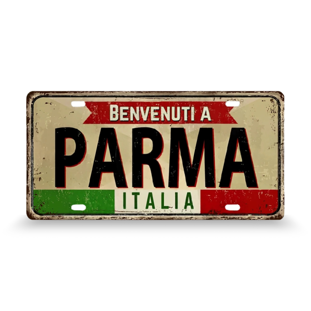 Decorative sign with 'Benvenuti a Parma Italia' text on a white background • Papagaio Studio Art Shop