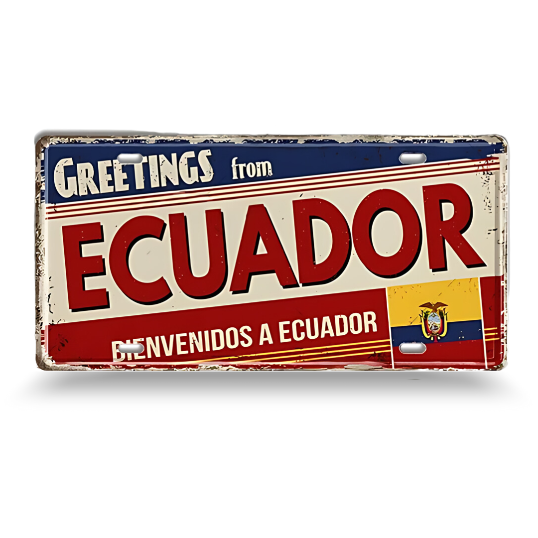 Vintage-style sign with 'Greetings from Ecuador' text and flag on a white background
