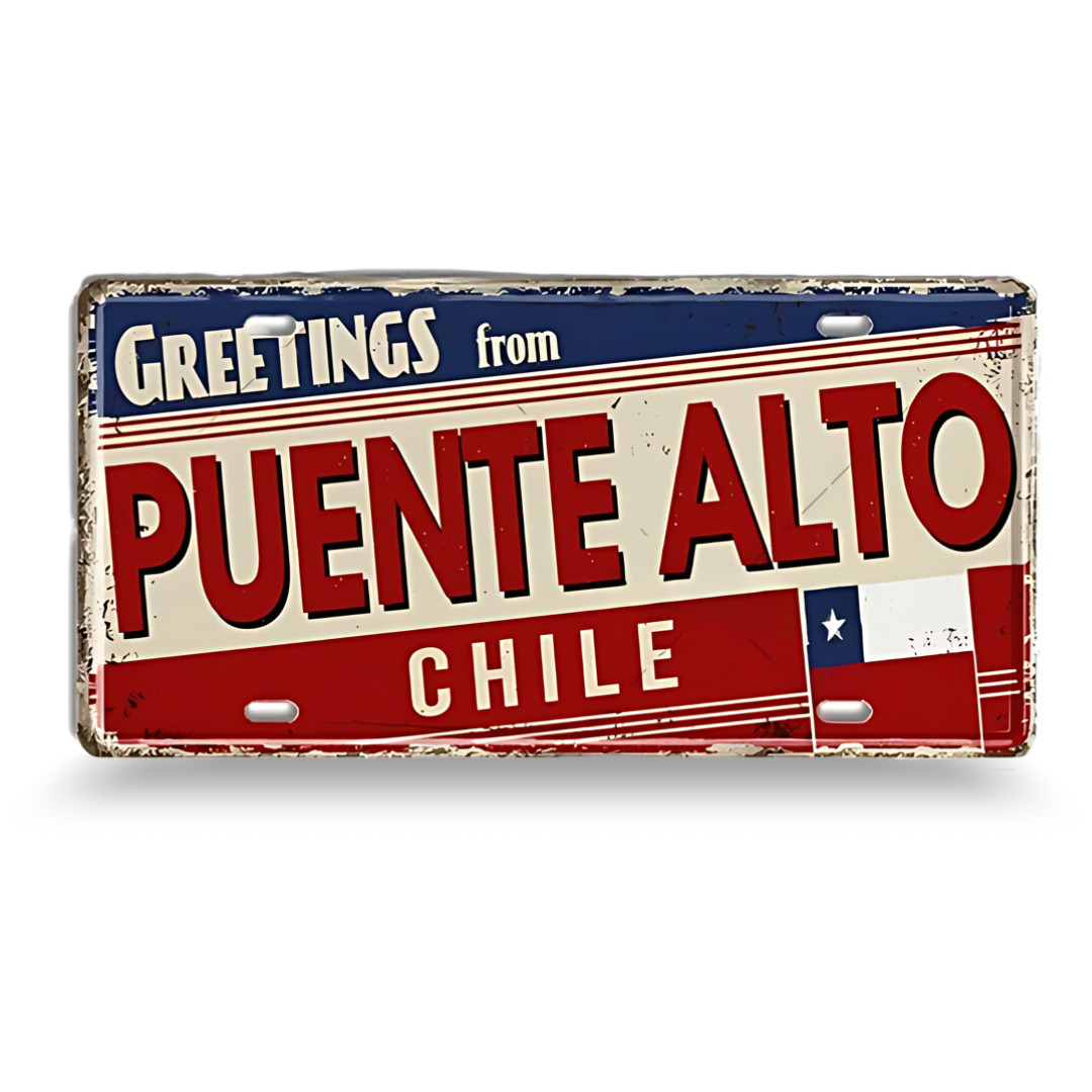 Vintage-style sign with 'Greetings from Puente Alto Chile' text on a red and blue background.