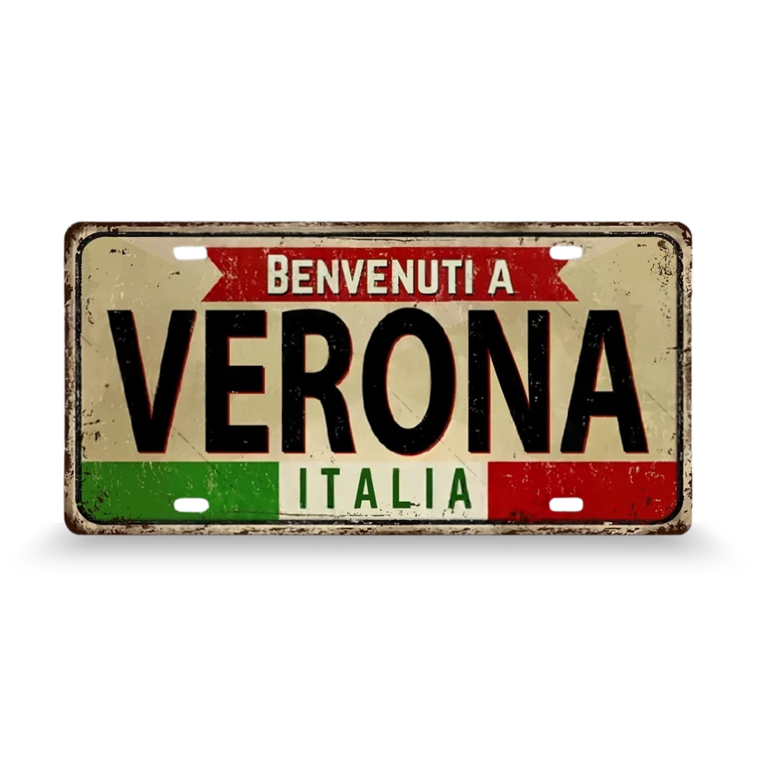 Decorative sign with 'Benvenuti a Verona Italia' text on a white background • Papagaio Studio Art Shop
