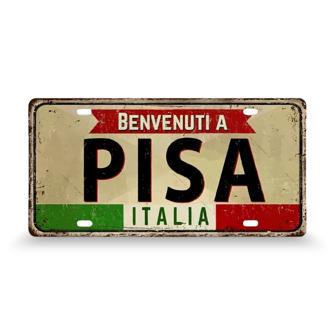 Decorative sign with 'Benvenuti a Pisa Italia' text on a beige background • Papagaio Studio Art Shop