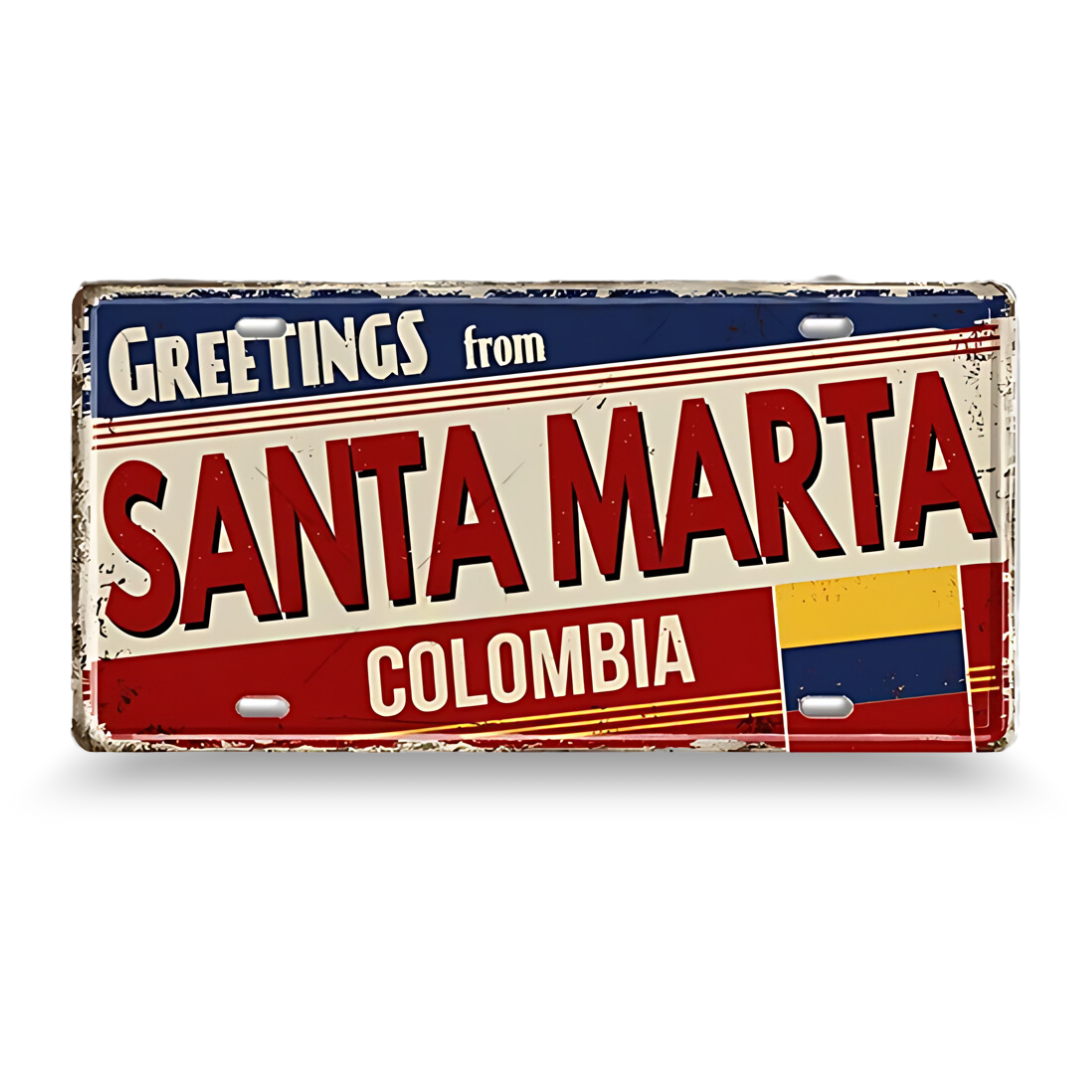 Vintage-style sign with 'Greetings from Santa Marta, Colombia' text and flag design.