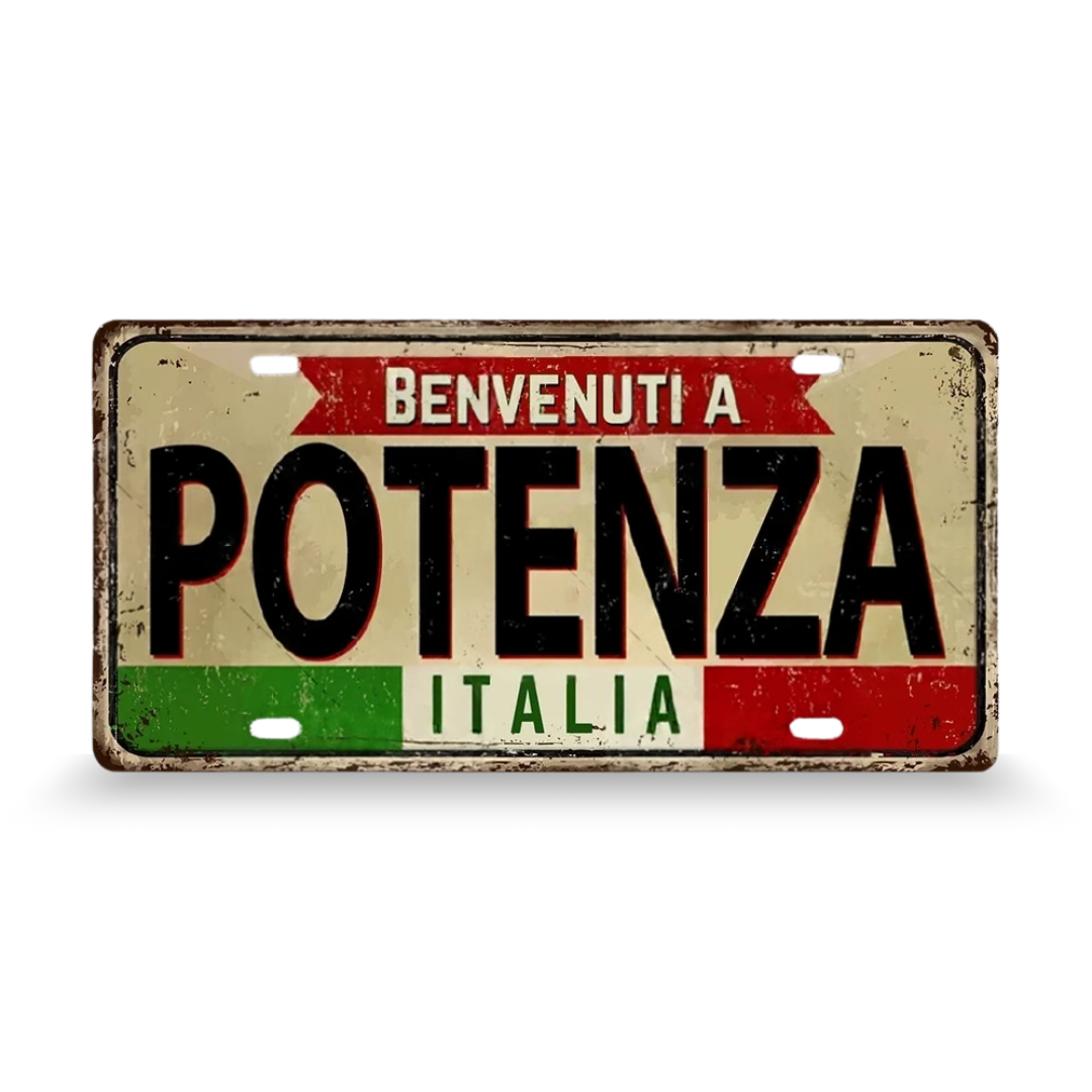 Decorative sign with 'Benvenuti a Potenza Italia' text on a beige background • Papagaio Studio Art Shop
